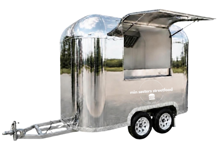 Silver American-style burger food truck and trailer with the Min Søsters Streetfood logo