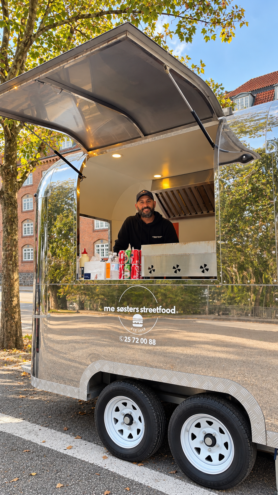 AI-generated illustration: a lineup of coffee and street food vans at a garden event.