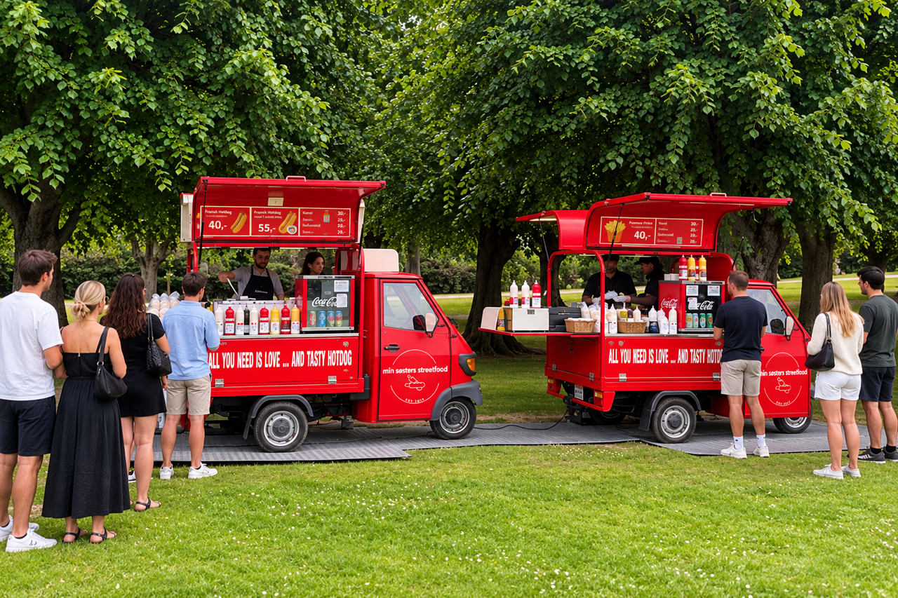 AI-generated placeholder: guests gather around a coffee van in a courtyard.