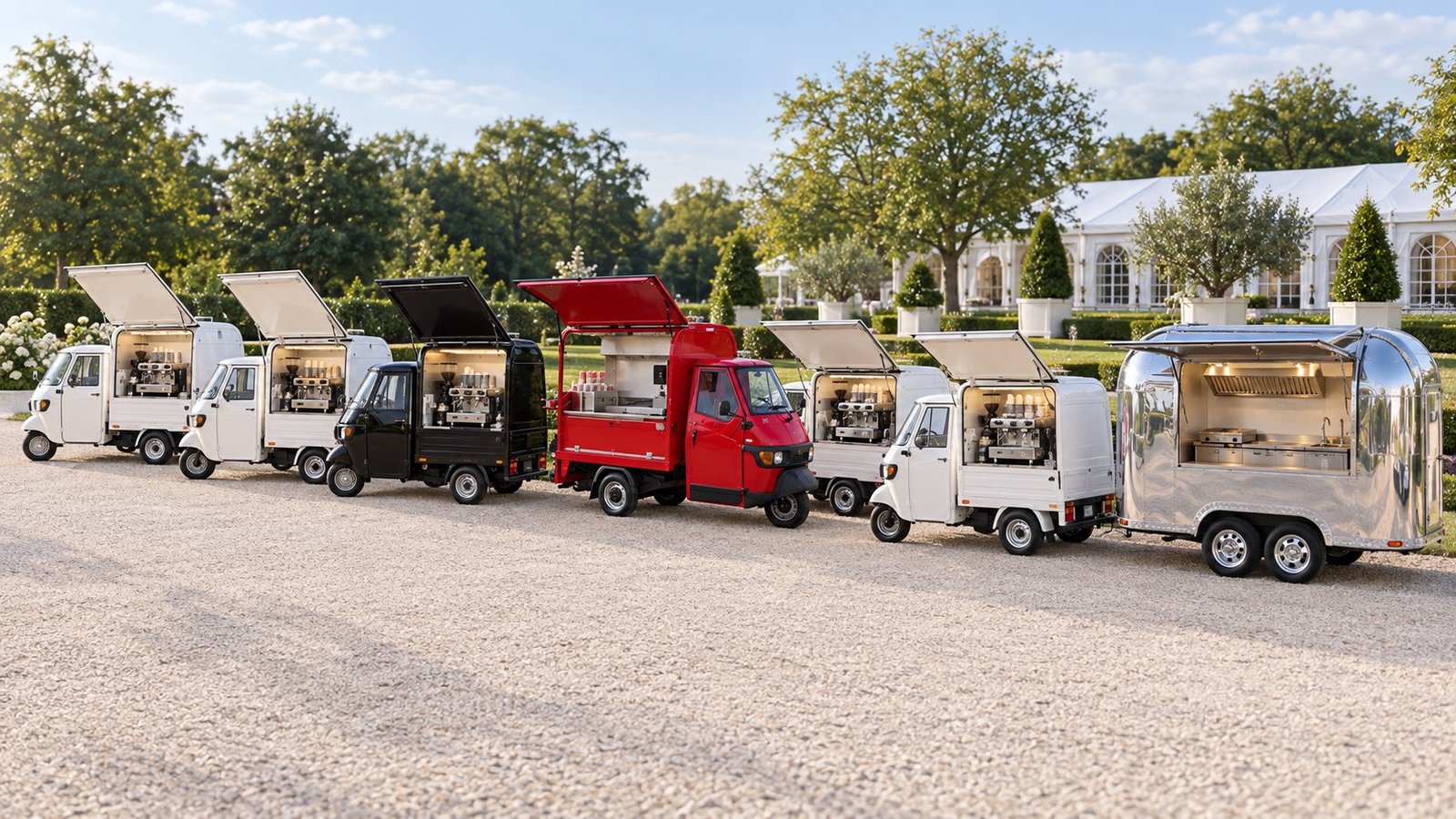 AI-generated illustration: a lineup of coffee and street food vans at a garden event.