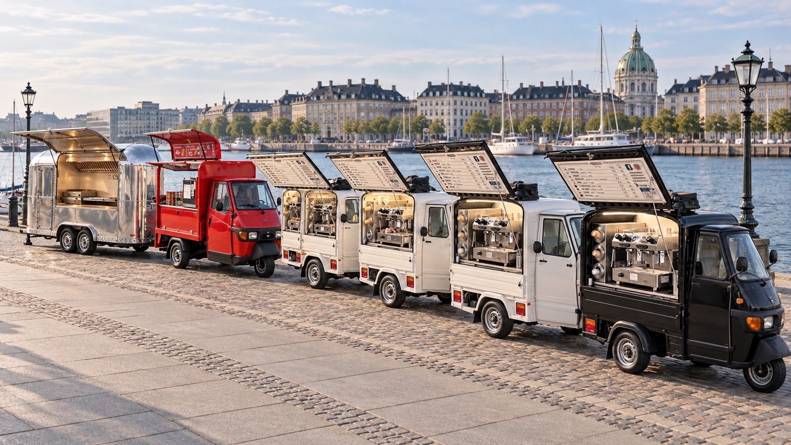 AI-generated illustration: coffee and street food vans lined up by Copenhagen harbour.