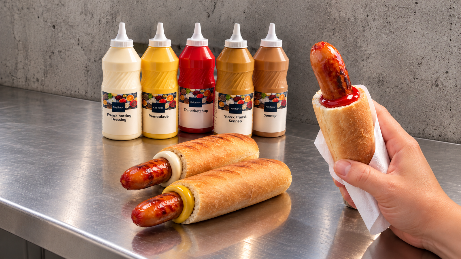 AI-generated placeholder: coffee, a hotdog and fries on a serving counter.