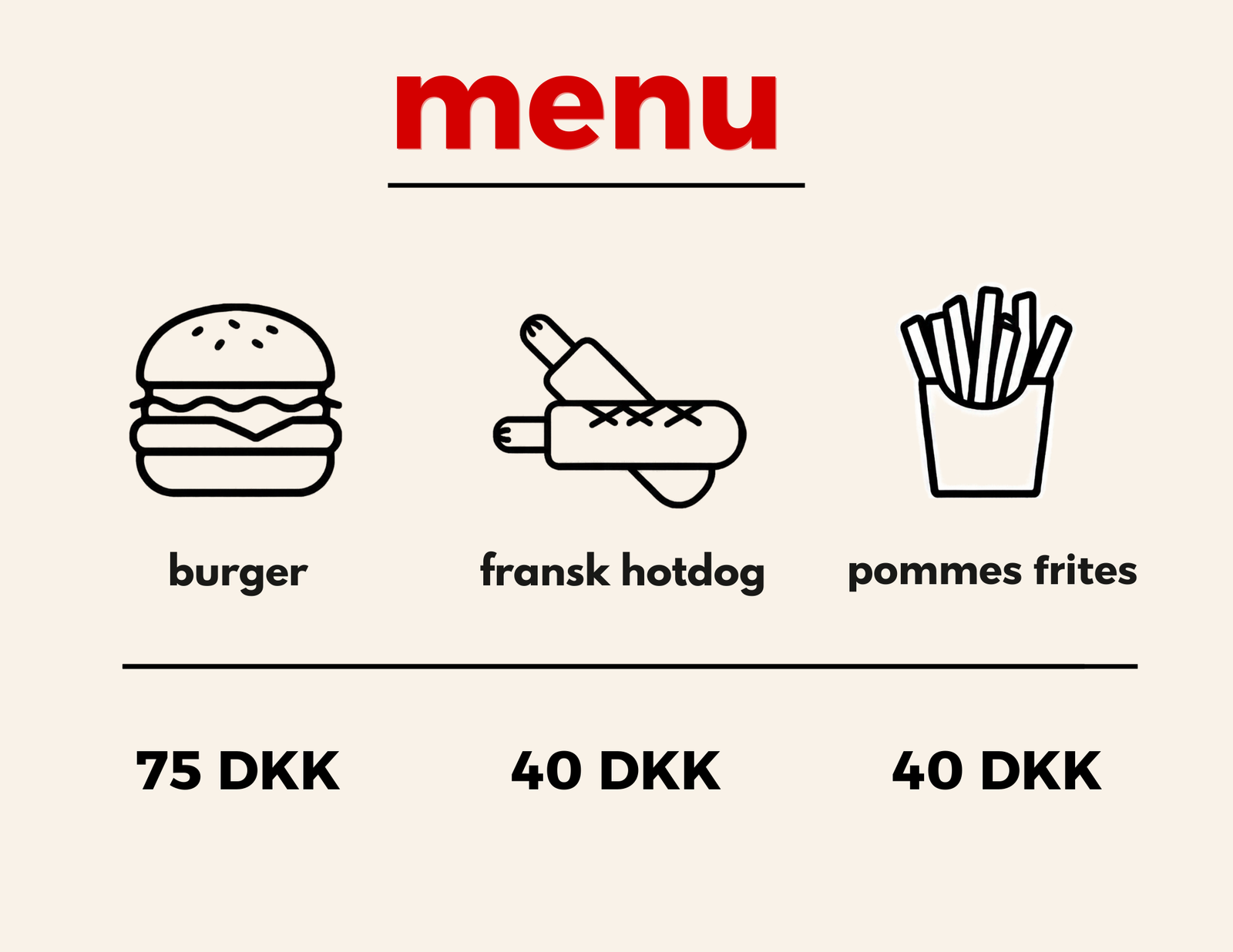 Illustrated placeholder menu for Min Søsters Kaffe & Streetfood.